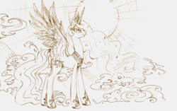 Size: 2855x1788 | Tagged: dead source, safe, artist:matrosha123, princess celestia, pony, g4, female, monochrome, smiling, solo, sun