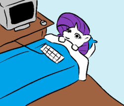 Size: 426x364 | Tagged: artist needed, safe, rarity, pony, g4, bed, computer, go to sleep, rerity, solo, thousand yard stare