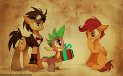Size: 900x563 | Tagged: safe, artist:foxinshadow, doctor whooves, scootaloo, spike, time turner, g4