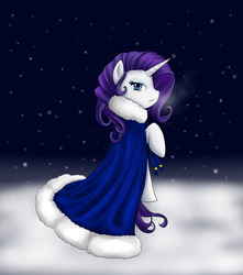 Size: 2160x2448 | Tagged: safe, artist:8bitsofmagic, rarity, pony, g4, cape, clothes, female, snow, snowfall, solo