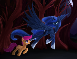 Size: 1290x989 | Tagged: safe, artist:aurarrius, princess luna, scootaloo, g4, forest, moon, night, tree