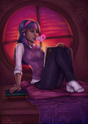 Size: 600x849 | Tagged: safe, artist:amalara, twilight sparkle, human, g4, book, clothes, cup, humanized, missing shoes, sitting, socks, sunset