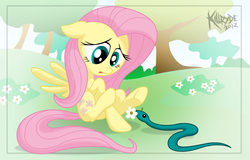 Size: 2073x1329 | Tagged: safe, artist:killryde, fluttershy, pegasus, pony, snake, g4, bush, female, flower, grass, looking at something, mare, mouth hold, open mouth, scared, solo, spread wings, tree, wings