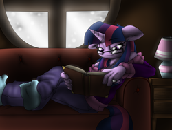 Size: 3000x2268 | Tagged: safe, artist:efrejok, twilight sparkle, anthro, plantigrade anthro, g4, book, clothes, couch, feet, female, glasses, golden oaks library, hand, jeans, lamp, moon, no more ponies at source, piercing, reading, ring, solo, sweater