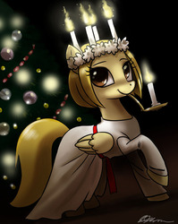 Size: 800x1006 | Tagged: safe, artist:johnjoseco, oc, oc only, pegasus, pony, anneli heed, candle, candle holder, clothes, dress, looking at you, mouth hold, raised hoof, saint lucy, saint lucy's day, solo, swedish spitfire, wreath