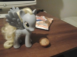 Size: 2048x1536 | Tagged: safe, derpy hooves, pony, g4, fashion style, hostess, irl, muffin, photo, solo, toy