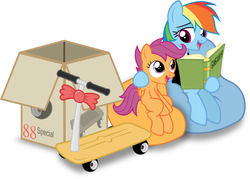 Size: 1118x800 | Tagged: safe, artist:foxtail8000, edit, rainbow dash, scootaloo, pegasus, pony, g4, book, cardboard box, duo, duo female, female, filly, foal, happy, hug, mare, open mouth, present, reading, scootalove, scooter, simple background, sitting, white background