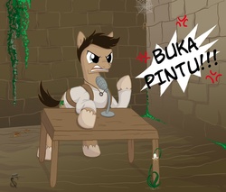 Size: 940x800 | Tagged: safe, artist:spyrothefox, flower, intercom, microphone, nathan drake, ponified, uncharted