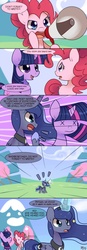 Size: 800x2310 | Tagged: safe, artist:solar-slash, pinkie pie, princess luna, twilight sparkle, alicorn, earth pony, pony, unicorn, g4, canterlock, comic, dialogue, female, hoof over mouth, mare, megaphone, open mouth, royal canterlot megaphone, this will end in deafness, traditional royal canterlot voice, unicorn twilight, x eyes