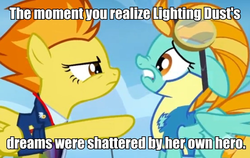 Size: 739x467 | Tagged: safe, edit, edited screencap, screencap, lightning dust, spitfire, g4, wonderbolts academy, broken dreams, fridge horror, image macro, text, unfortunate implications, wonderbolt trainee uniform, woobie