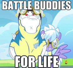 Size: 471x440 | Tagged: safe, edit, edited screencap, screencap, bulk biceps, cloudchaser, roid rage, pegasus, pony, g4, wonderbolts academy, background pony, clothes, cloudrage, cropped, duo, ear piercing, earring, female, goggles, image macro, jewelry, male, mare, piercing, ponies standing next to each other, stallion, uniform, wingpony badge, wonderbolt trainee uniform