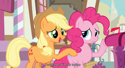 Size: 851x467 | Tagged: safe, screencap, applejack, pinkie pie, g4, wonderbolts academy, youtube caption