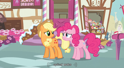 Size: 849x468 | Tagged: safe, screencap, applejack, pinkie pie, g4, my little pony: friendship is magic, wonderbolts academy, implied sniperscope, youtube caption