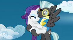 Size: 851x468 | Tagged: safe, screencap, rarity, thunderlane, pegasus, pony, unicorn, g4, wonderbolts academy, butt touch, carrying, clothes, cloud, duo, female, flying, goggles, hoof on butt, lead pony badge, lidded eyes, looking at each other, male, mare, out of context, sky, stallion, uniform, wonderbolt trainee uniform
