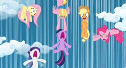 Size: 853x465 | Tagged: safe, screencap, applejack, fluttershy, meadow flower, pinkie pie, rarity, twilight sparkle, earth pony, pegasus, pony, unicorn, g4, season 3, wonderbolts academy, cloud, falling, female, lidded eyes, mare, nose in the air, peril, screaming, sky, speed lines, terrified, unicorn twilight, volumetric mouth, wonderbolt trainee uniform