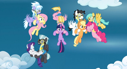 Size: 851x467 | Tagged: safe, screencap, applejack, cloudchaser, fluttershy, meadow flower, mercury, pinkie pie, rarity, starry eyes (character), sunshower raindrops, thunderlane, twilight sparkle, earth pony, pegasus, pony, unicorn, g4, wonderbolts academy, carrying, clothes, cloud, female, flying, goggles, male, mare, rescue, stallion, unicorn twilight, uniform, wonderbolt trainee uniform