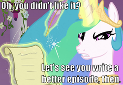 Size: 1040x720 | Tagged: safe, princess celestia, g4, angry, bronybait, caption, challenge, meta, quill, reaction image, scroll, talking to viewer, text, writing