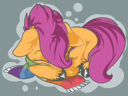 Size: 526x398 | Tagged: dead source, safe, artist:xenon, scootaloo, pegasus, pony, g4, clothes, cute, cutealoo, eyes closed, female, filly, floppy ears, foal, lying down, prone, scarf, sleeping, solo, unshorn fetlocks