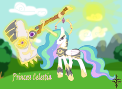 Size: 1280x938 | Tagged: safe, artist:deserted_wolf, princess celestia, alicorn, pony, g4, armor, female, glare, hammer, levitation, looking at you, magic, mare, sun, telekinesis, warrior celestia, weapon