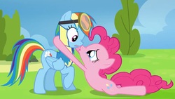 Size: 1600x900 | Tagged: safe, screencap, pinkie pie, rainbow dash, earth pony, pegasus, pony, g4, wonderbolts academy, boop, crying, female, mare, noseboop, out of context, wonderbolt trainee uniform