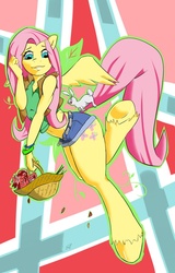 Size: 715x1118 | Tagged: safe, artist:remenbrand, angel bunny, fluttershy, anthro, g4, clothes, flower, rose, unshorn fetlocks