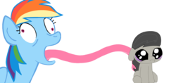 Size: 1000x470 | Tagged: safe, octavia melody, rainbow dash, pony, g4, dashtavia, derp, female, impossibly long tongue, lesbian, non-consensual licking, shipping, simple background, tongue out, transparent background, wat, what has science done, why