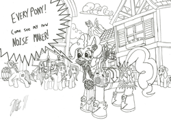 Size: 2169x1521 | Tagged: safe, artist:bhiggo, derpy hooves, pinkie pie, oc, pegasus, pony, g4, blackjack, chaos space marine, crossover, doom siren, female, mare, monochrome, noise marine, slaanesh, this will end in tears, traditional art, warhammer (game), warhammer 40k