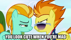 Size: 640x360 | Tagged: safe, edit, edited screencap, screencap, lightning dust, spitfire, g4, wonderbolts academy, bedroom eyes, flirting, image macro, smug, spitdust, sunglasses