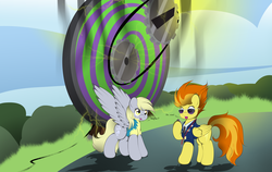 Size: 6654x4208 | Tagged: safe, artist:v-d-k, derpy hooves, spitfire, pegasus, pony, g4, wonderbolts academy, absurd resolution, clothes, dizzitron, duo, duo female, female, mare, necktie, spitfire's tie, uniform, wonderbolt trainee uniform