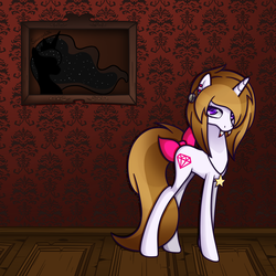 Size: 2000x2000 | Tagged: safe, artist:sandra626, princess luna, oc, oc only, oc:freakii, pony, unicorn, vampire, 2012, blood, bow, earring, fangs, freakii, halloween, necklace, picture, solo, stars, teeth