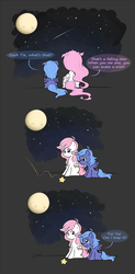 Size: 883x1800 | Tagged: safe, artist:secret-pony, princess celestia, princess luna, alicorn, pony, g4, cewestia, comic, duo, filly, full moon, moon, night, pink-mane celestia, shooting star, sisters, sitting, speech bubble, stars, woona