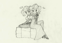 Size: 1908x1319 | Tagged: safe, artist:feather, pinkie pie, human, g4, female, humanized, lesbian, monochrome, pencil drawing, self ponidox, selfcest, shipping, traditional art