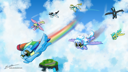 Size: 2000x1125 | Tagged: safe, artist:esuka, bulk biceps, cloudchaser, meadow flower, mercury, rainbow dash, starry eyes (g4), sunshower raindrops, thunderlane, g4, wonderbolts academy, goggles, wonderbolt trainee uniform