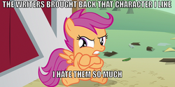 Size: 1280x640 | Tagged: safe, scootaloo, g4, angry, brony, caption, image macro, meta, pandering