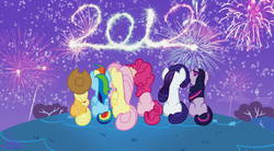 Size: 1909x1052 | Tagged: safe, artist:sandra626, applejack, fluttershy, pinkie pie, rainbow dash, rarity, twilight sparkle, earth pony, pegasus, pony, g4, 2012, fireworks, grass, happy new year, mane six, new year, stars, tree