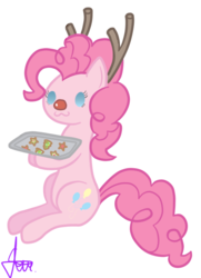 Size: 547x757 | Tagged: safe, artist:sandra626, pinkie pie, earth pony, pony, reindeer, g4, :3, beady eyes, christmas, cookie, cute, diapinkes, female, horn, red nose, rudolph the red nosed reindeer, simple background, sitting, solo, transparent background, tray