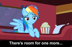 Size: 1024x671 | Tagged: safe, edit, edited screencap, screencap, rainbow dash, pegasus, pony, g4, bedroom eyes, bronybait, caption, cs captions, female, mare, popcorn, solo