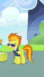 Size: 288x500 | Tagged: safe, screencap, lightning dust, spitfire, pony, g4, wonderbolts academy, angry, animated, blinking, cloud, cloudy, cute, female, flying, frown, glare, hoofy-kicks, jumping, male, open mouth, pronking, smiling, solo focus, spread wings, sunglasses