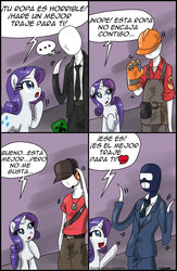 Size: 723x1106 | Tagged: safe, artist:ciriliko, artist:innuendo88, rarity, g4, :3, creeper, scout (tf2), slenderman, spanish, spy, spy (tf2), team fortress 2, translation