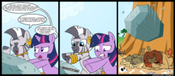 Size: 1350x591 | Tagged: safe, artist:innuendo88, artist:madmax, twilight sparkle, zecora, manticore, zebra, g4, comic, spanish, translation