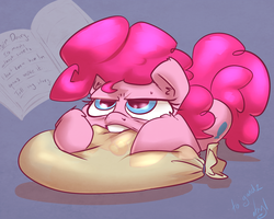 Size: 1000x800 | Tagged: safe, artist:atryl, pinkie pie, earth pony, pony, g4, balloon, biting, chewing, diary, eating, female, frown, glare, grumpy, moments before disaster, nom, prone, solo, sweatdrop, this will end in tears, this will not end well