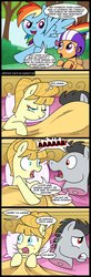 Size: 512x1561 | Tagged: safe, artist:innuendo88, artist:madmax, aunt orange, rainbow dash, scootaloo, the headless horse, headless horse, pegasus, pony, g4, bed, comic, disembodied head, female, filly, implied infidelity, male, mare, morning after, pillow, spanish, stallion, the godfather, translation