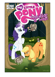 Size: 793x1122 | Tagged: safe, artist:katiecandraw, idw, official comic, applejack, rarity, pony, spider, g4, official, comic, cover, issue 2