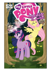 Size: 793x1122 | Tagged: safe, artist:katie cook, idw, official comic, fluttershy, twilight sparkle, pegasus, pony, spider, unicorn, friendship is magic #2, g4, my little pony: friendship is magic (idw), official, comic, cover, female, forest, mare, unicorn twilight