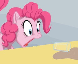 Size: 575x471 | Tagged: safe, artist:furseiseki, artist:mysticalpha, pinkie pie, earth pony, pony, g4, chocolate milk, disaster, exploitable meme, female, gasp, meme, open mouth, pure unfiltered evil, solo, spill, spilled milk, wide eyes