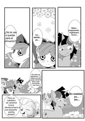 Size: 752x1063 | Tagged: safe, artist:0ryomamikado0, editor:mercury2099, apple bloom, applejack, granny smith, spike, twilight sparkle, comic:the unexpected love life of dusk shine, g4, comic, rule 63, spanish, translation