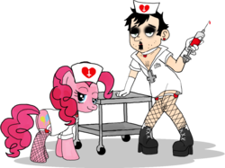 Size: 900x674 | Tagged: safe, artist:dan-and-ponies, pinkie pie, earth pony, human, pony, g4, crossdressing, dan, dan vs, female, fishnet stockings, looking at you, male, mare, needle, nurse, simple background, syringe, transparent background, wat