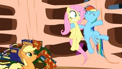 Size: 1280x720 | Tagged: safe, screencap, applejack, fluttershy, rainbow dash, pony, g4, magic duel