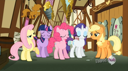 Size: 1280x719 | Tagged: safe, screencap, applejack, fluttershy, pinkie pie, rainbow dash, rarity, twilight sparkle, earth pony, pegasus, pony, unicorn, g4, wonderbolts academy, alley, derp, female, hub logo, lidded eyes, logo, mare, ponyville, the hub, unicorn twilight