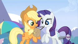 Size: 1280x720 | Tagged: safe, screencap, applejack, rarity, g4, wonderbolts academy, hub logo